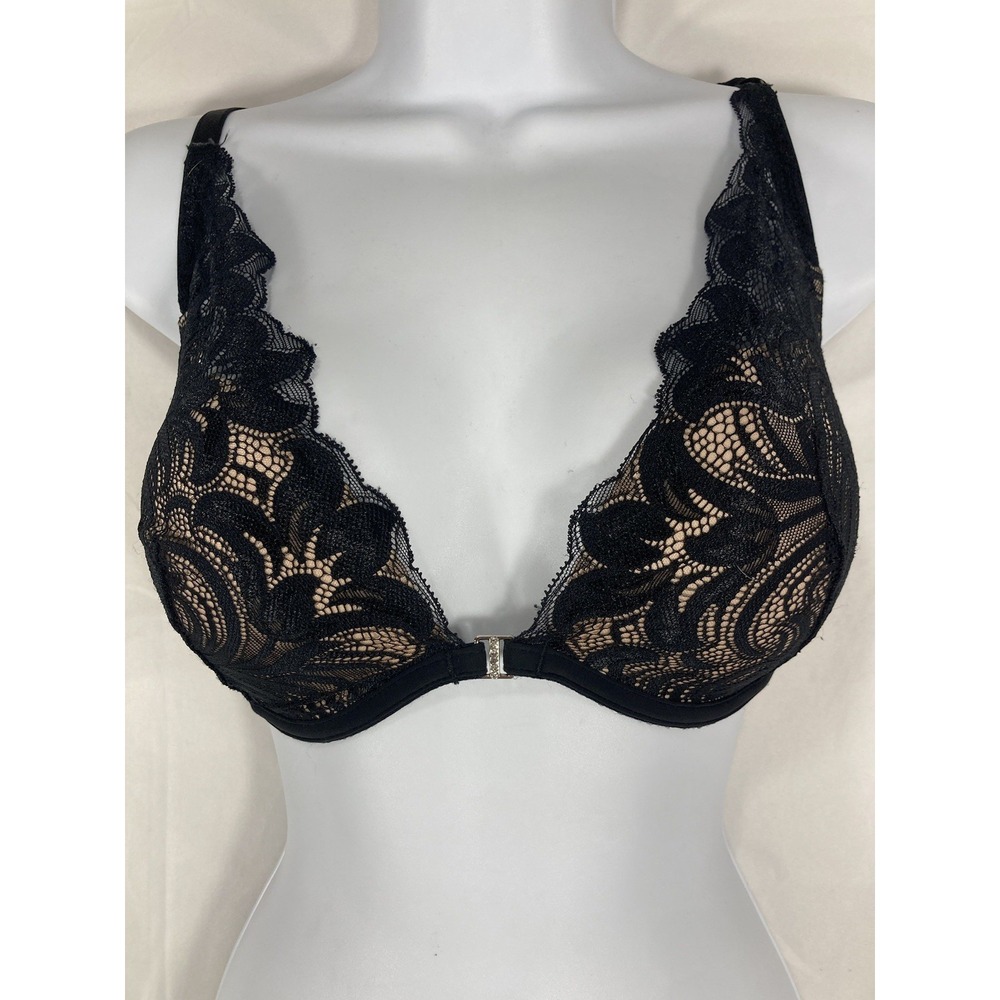 Adore Me Push Up Bra 34C Underwire Black Lace Lined Plunge Adjustable